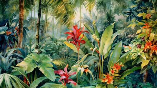 Lush green jungle mural with red, orange, and yellow tropical flowers.