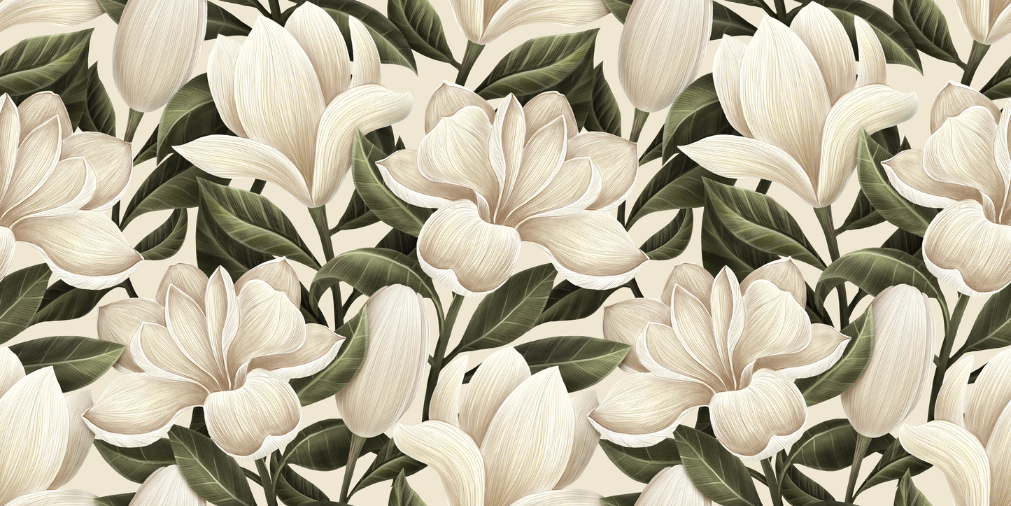 Pattern of white flowers with green leaves on a white background