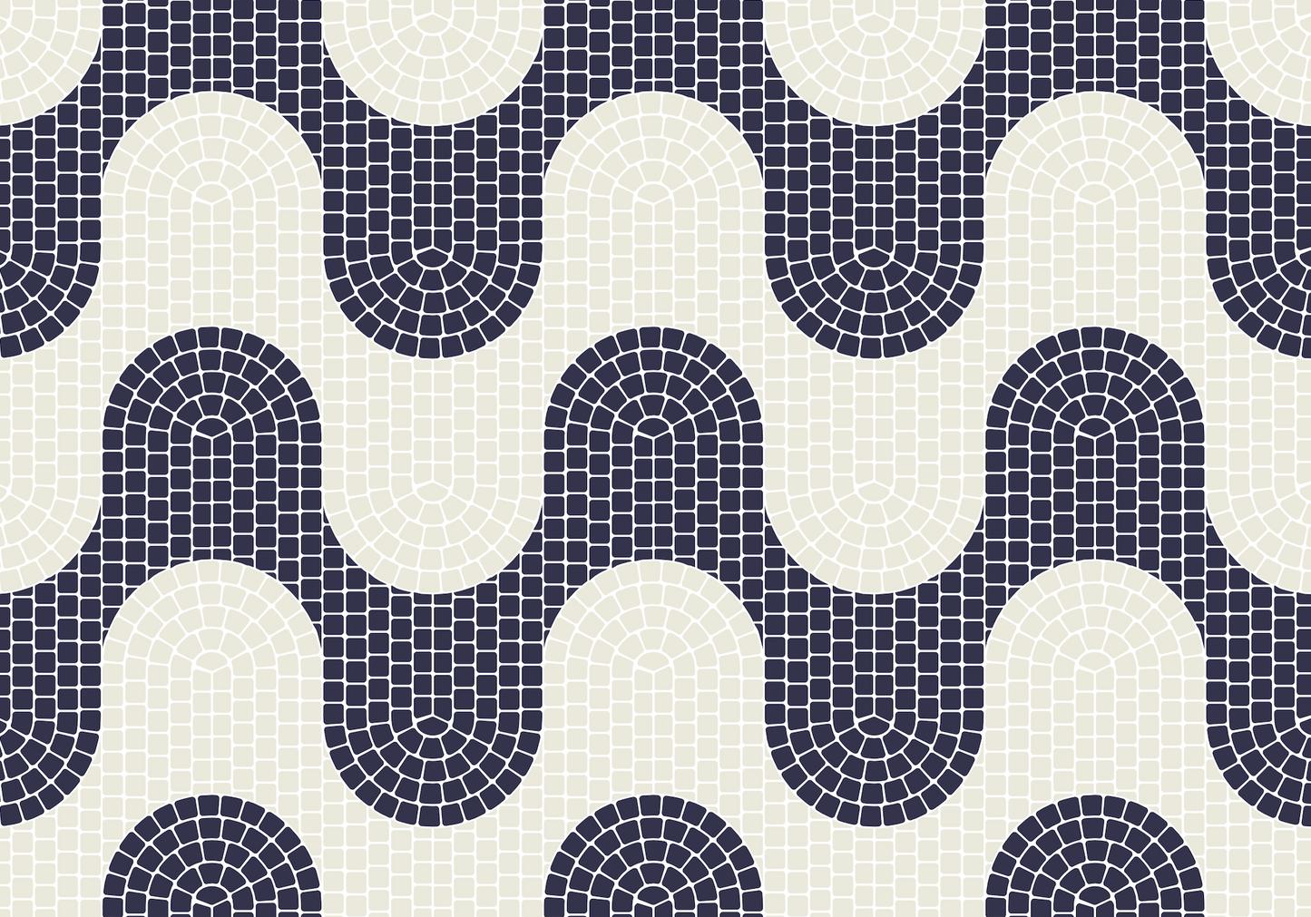Pattern of blue and white curved tiles on a white background