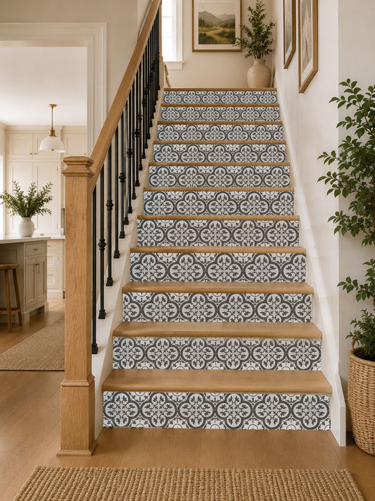 Staircase with decorative blue and white patterned risers in a home setting.