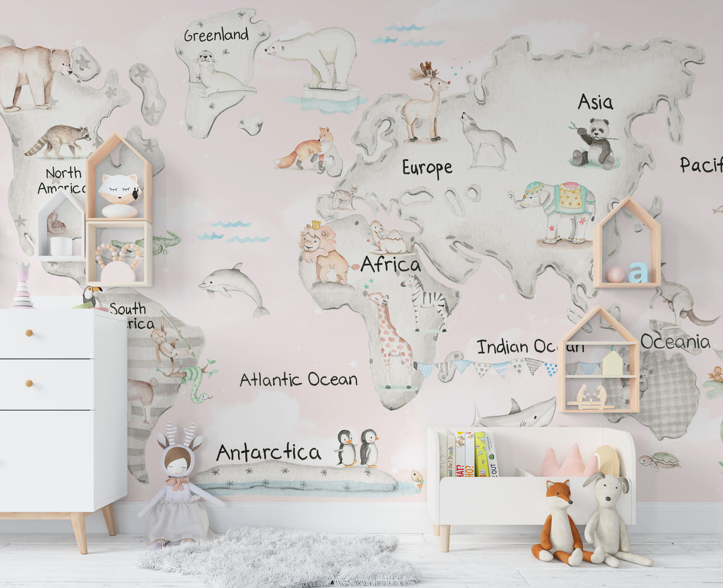 Blush Pink Kids Map Mural