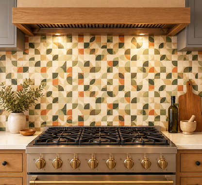 Modern kitchen with a stove and geometric patterned backsplash