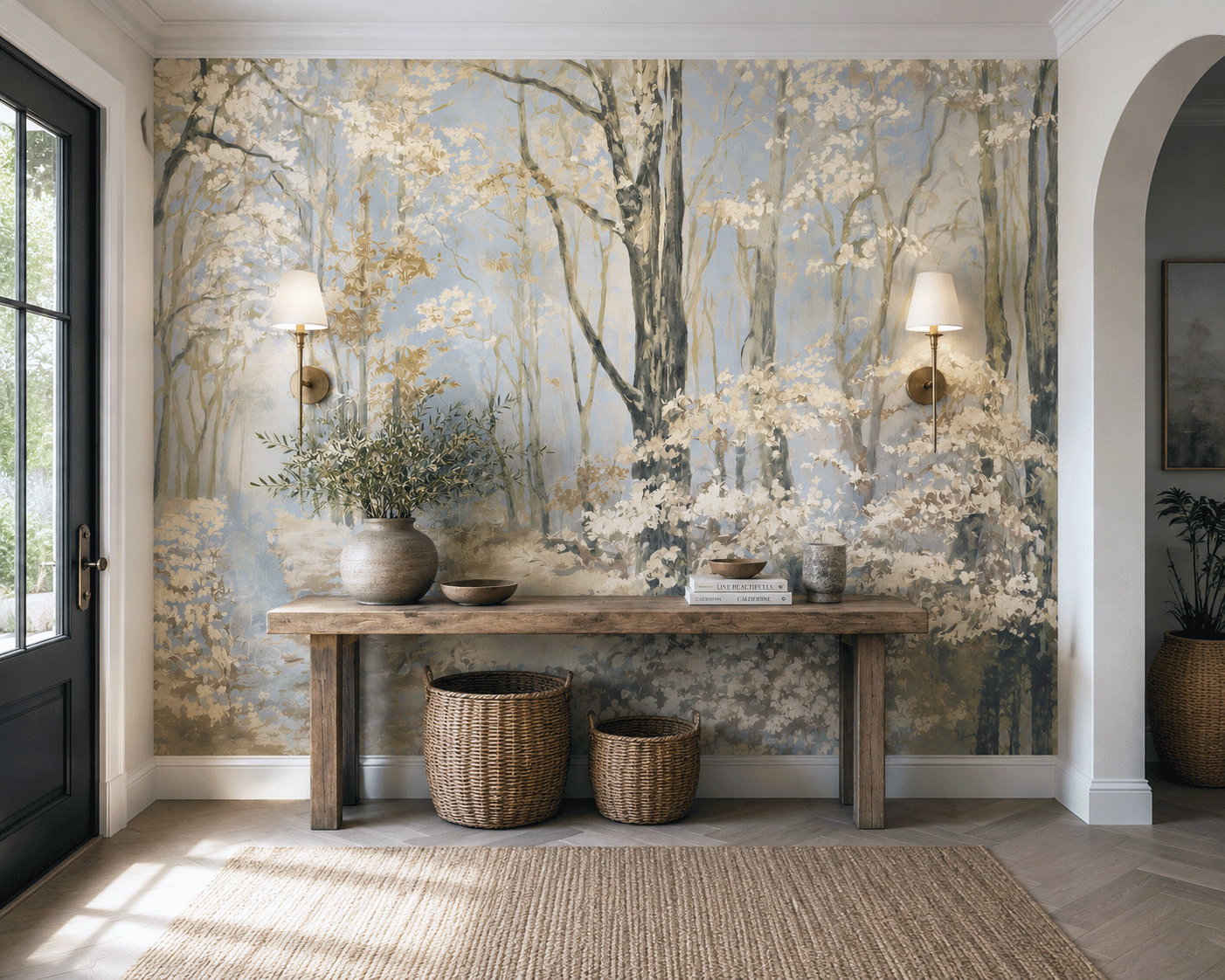 A large wall mural featuring a soft-focus forest scene with pale blue sky, white blossoms, and gray-brown tree trunks, installed in a bright entryway behind a rustic wooden console table with woven baskets and wall sconces.