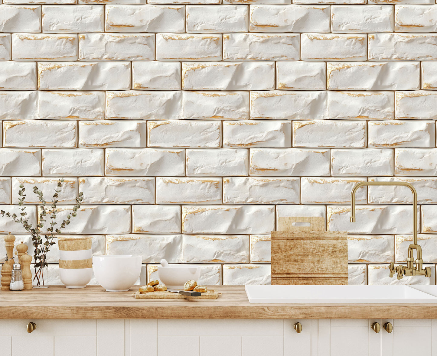 Ivory Ornate Brick Wallpaper