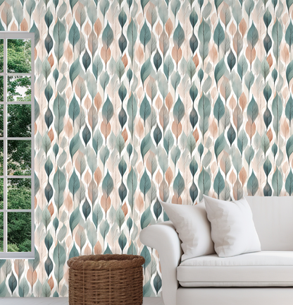 Living room with a patterned wall, white sofa, and wicker basket.