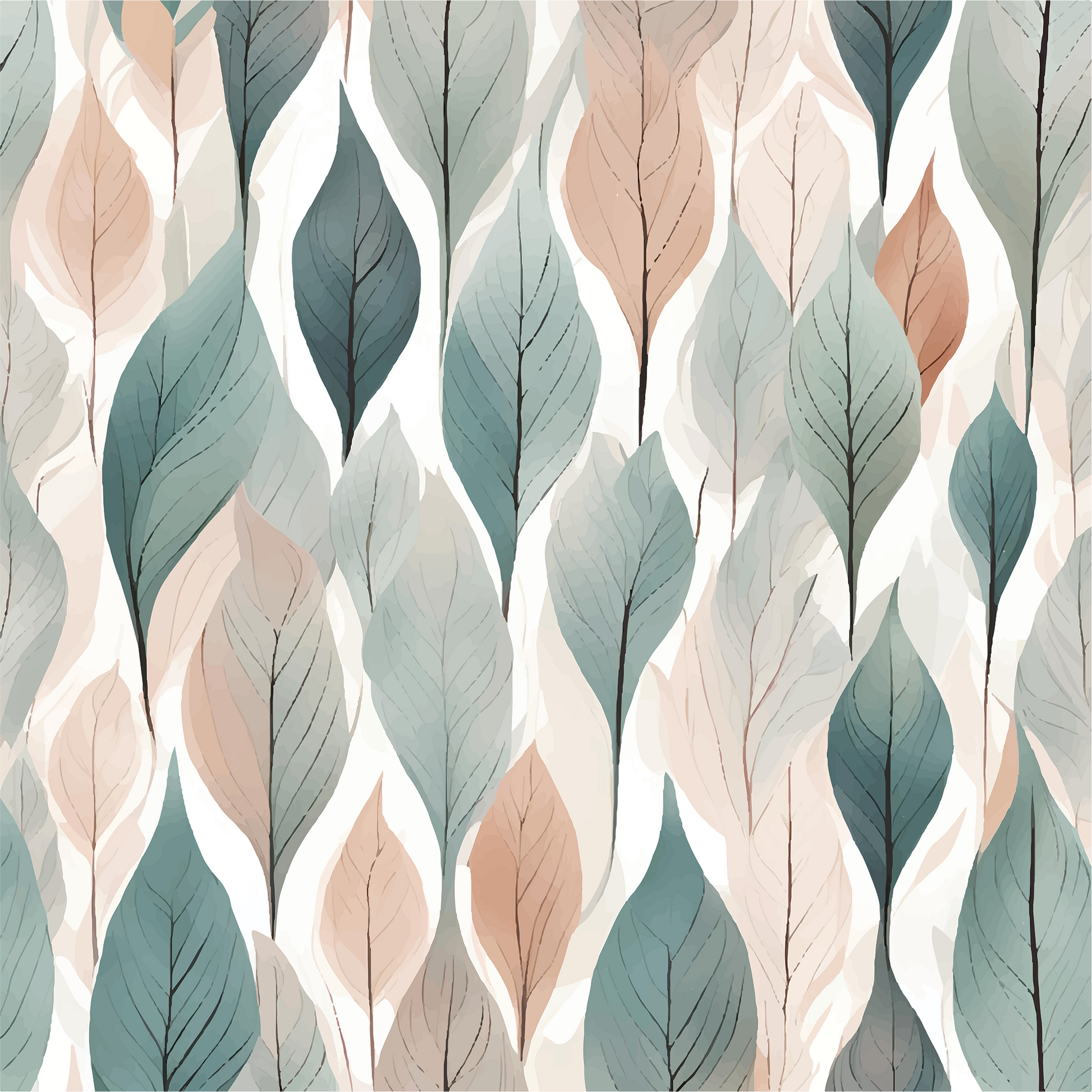Pattern of stylized leaves in green, brown, and beige on a white background