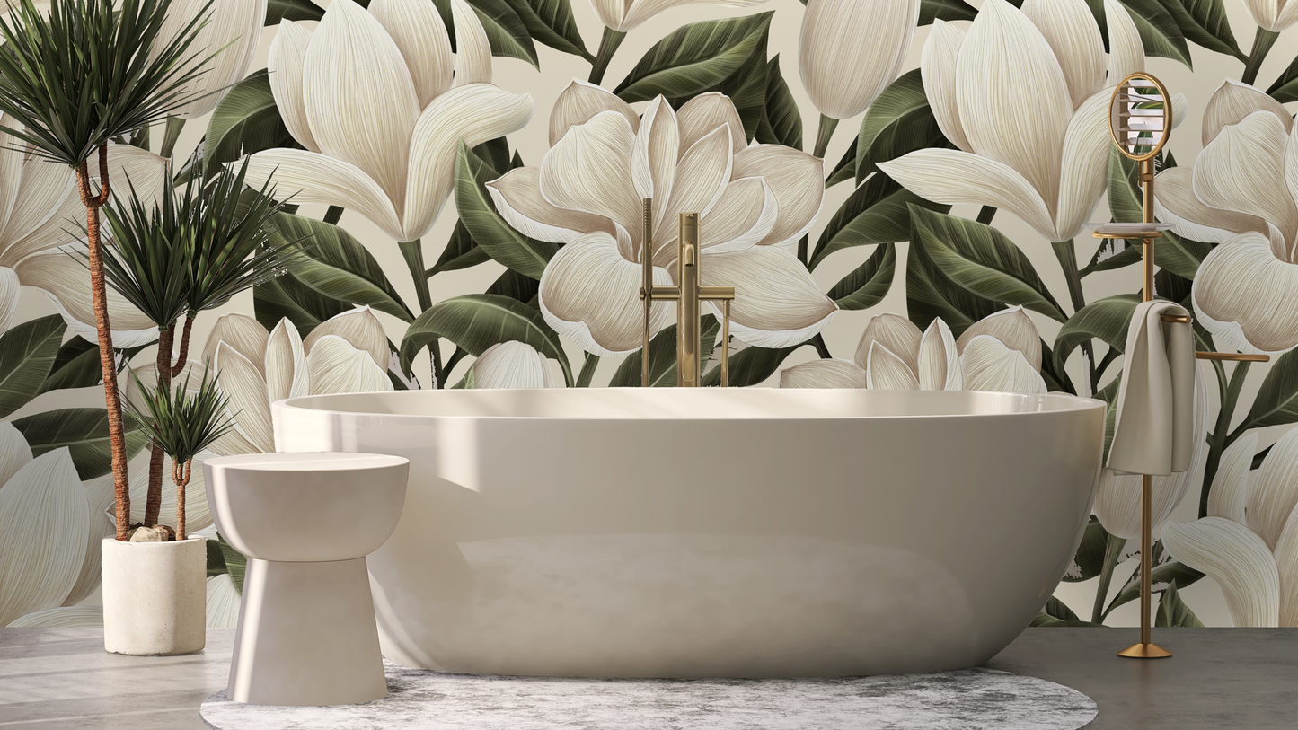 Modern bathroom with a freestanding bathtub against a floral wallpaper background