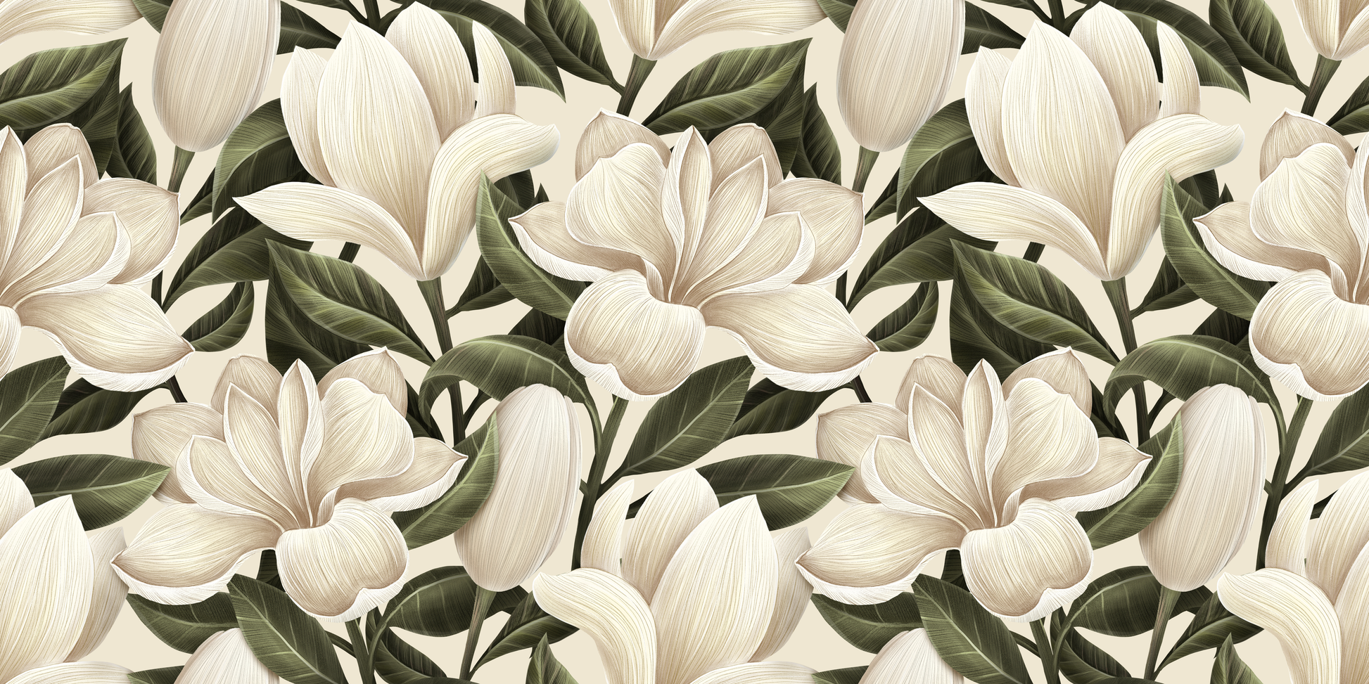 Pattern of white flowers with green leaves on a white background