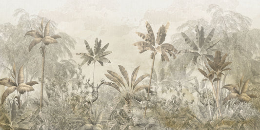 Soft sepia jungle mural with tall palm trees, dense foliage, and a hidden deer.