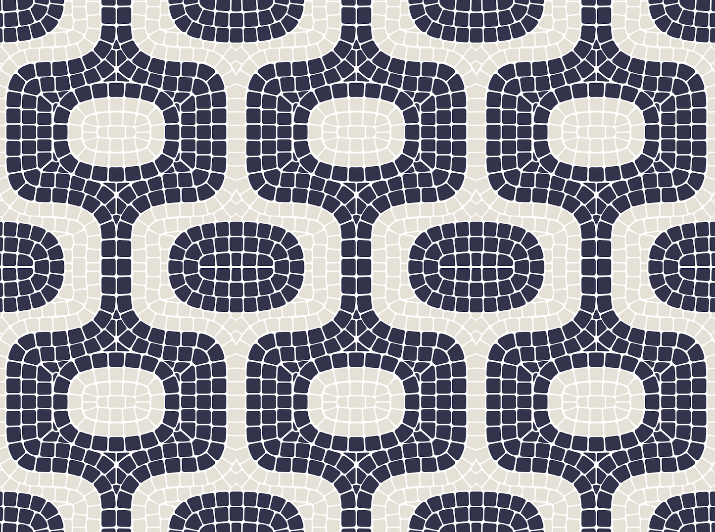 Pattern of interlocking shapes in navy and beige on a white background