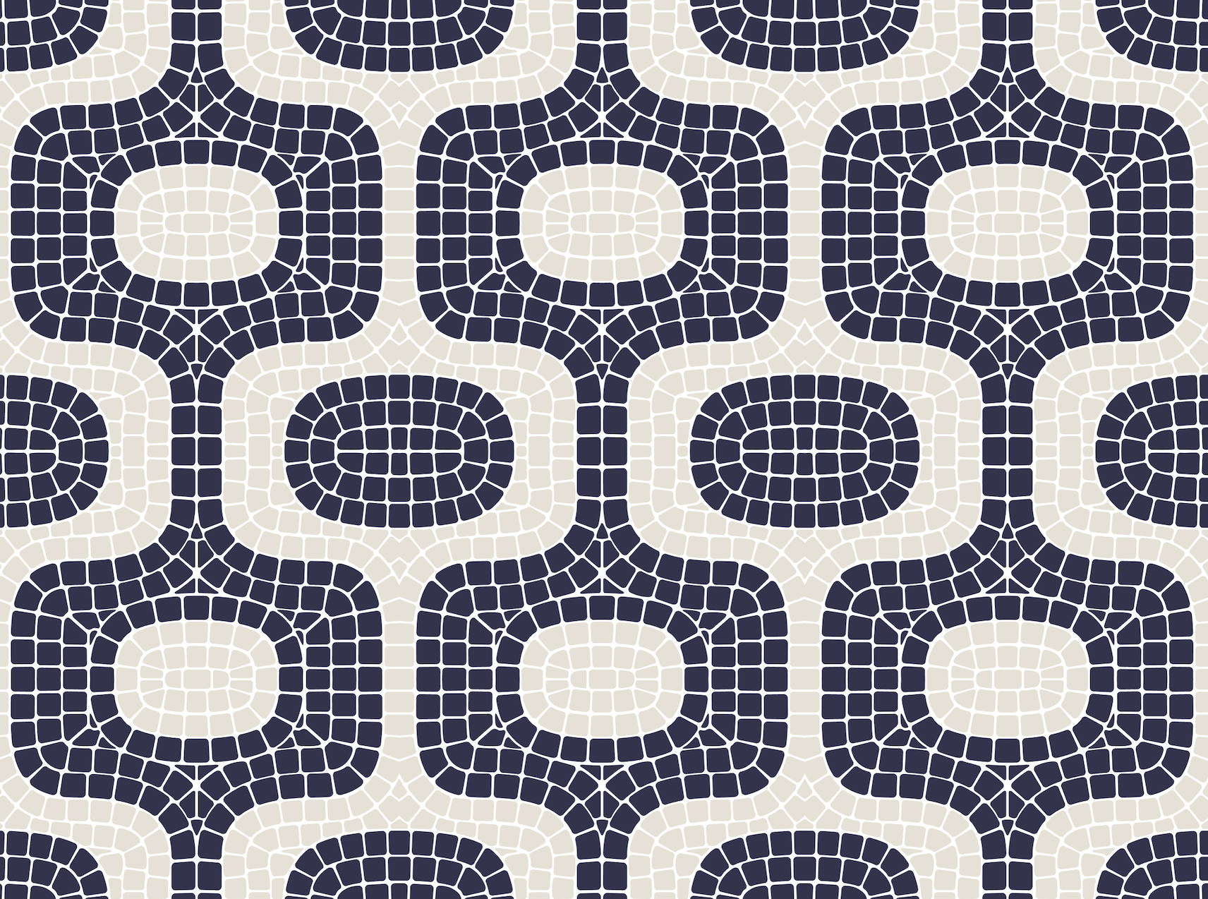 Pattern of interlocking shapes in navy and beige on a white background