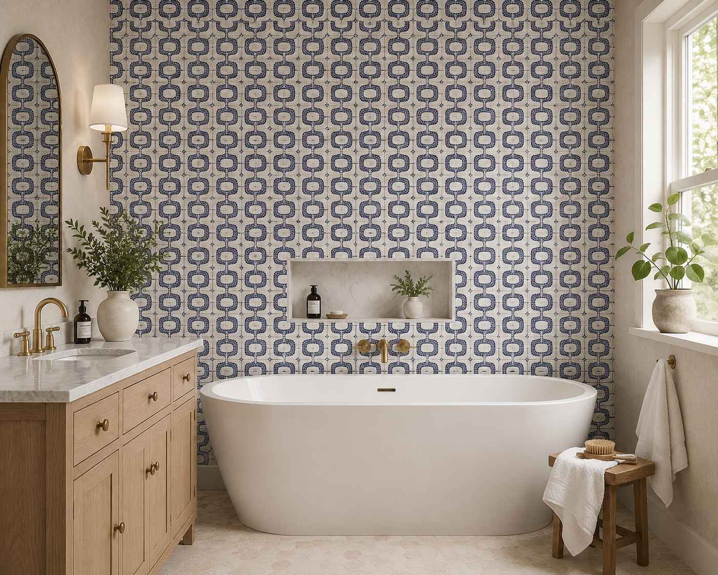 Bathroom with patterned wallpaper, freestanding bathtub, and wooden vanity.