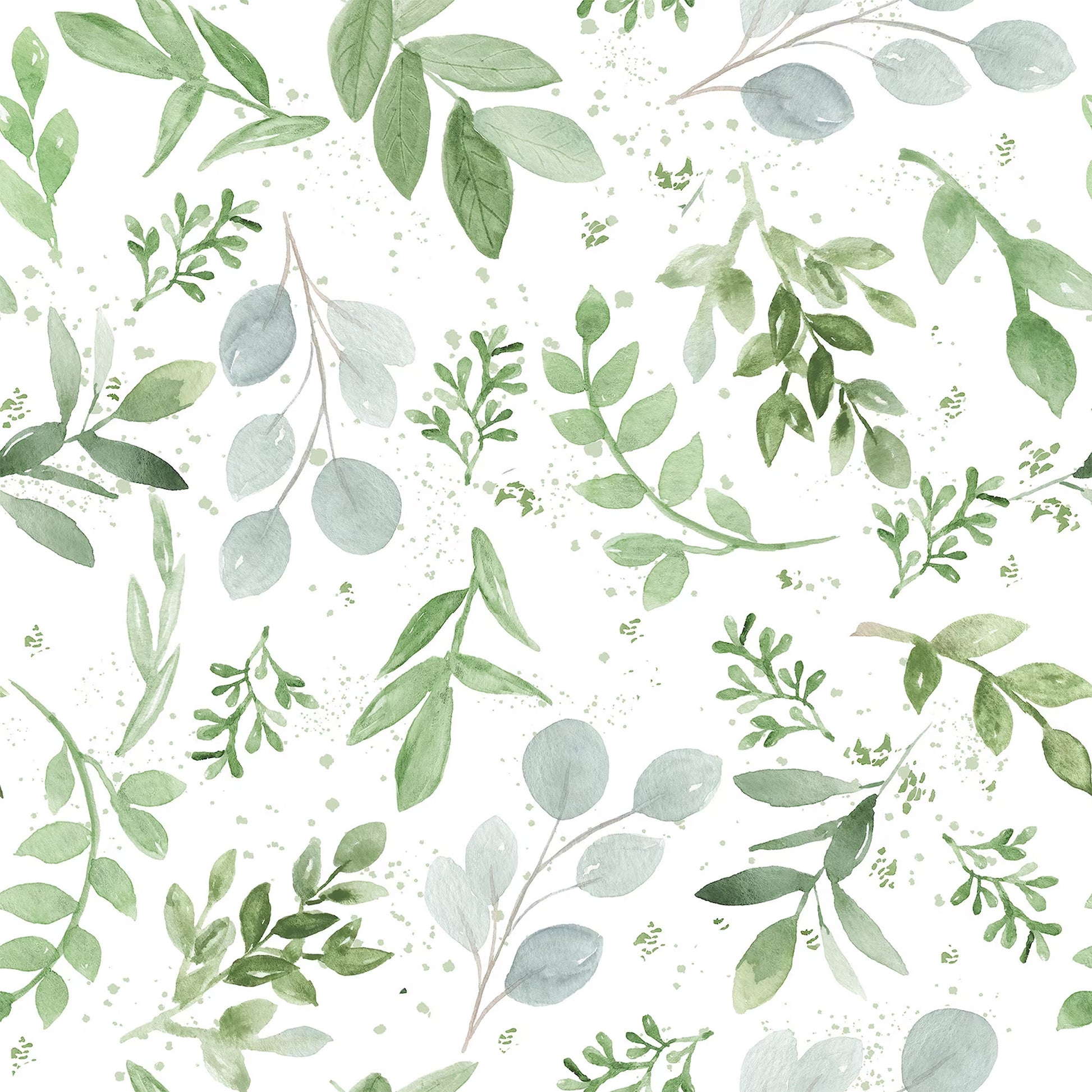 Pattern of green leaves and branches on a white background