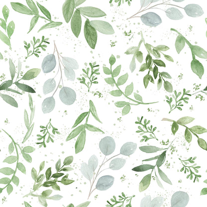 Pattern of green leaves and branches on a white background