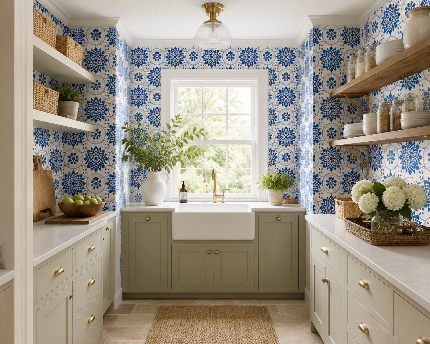 Kitchen with blue floral wallpaper, white sink, and green cabinets.