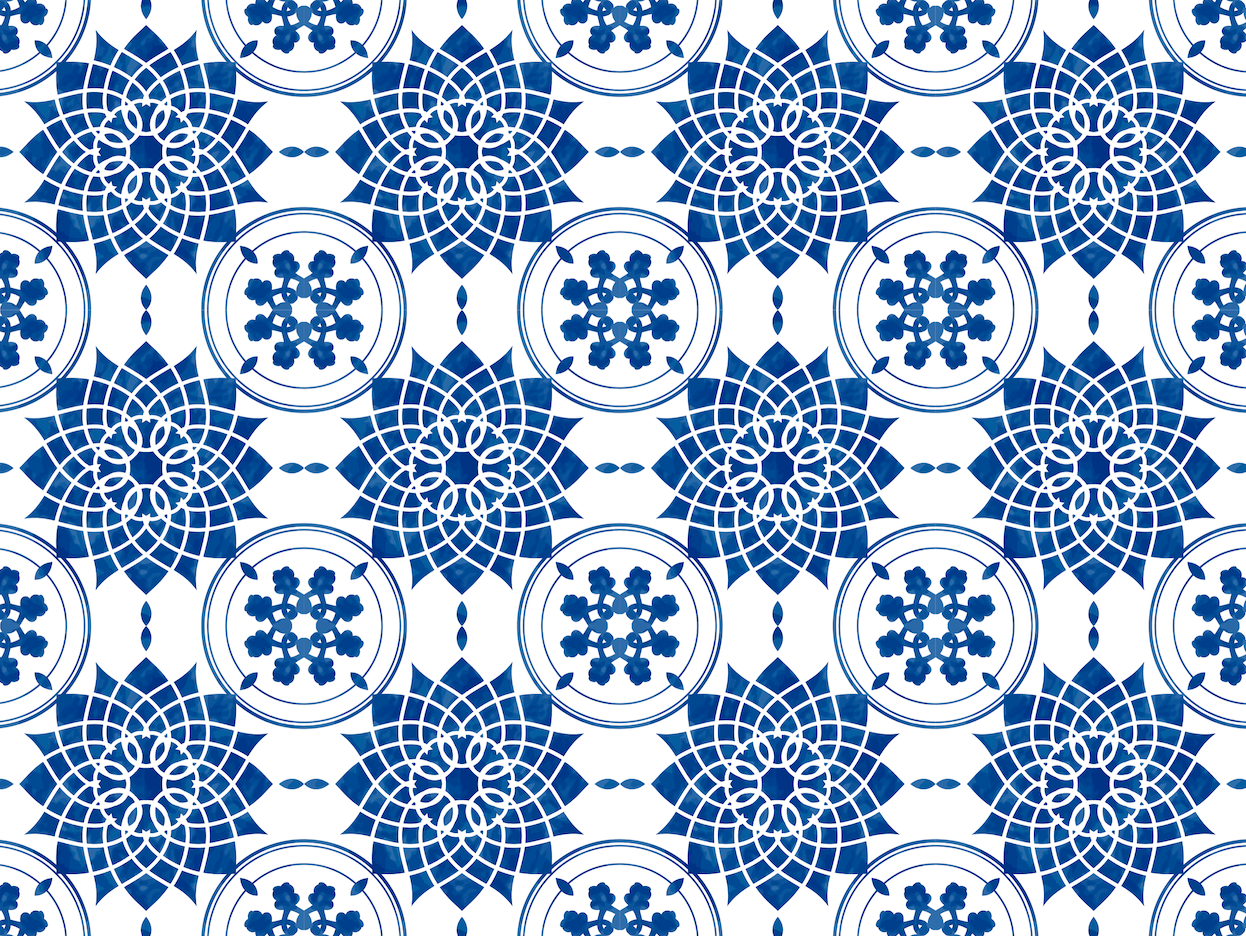 Pattern of blue geometric shapes on a white background