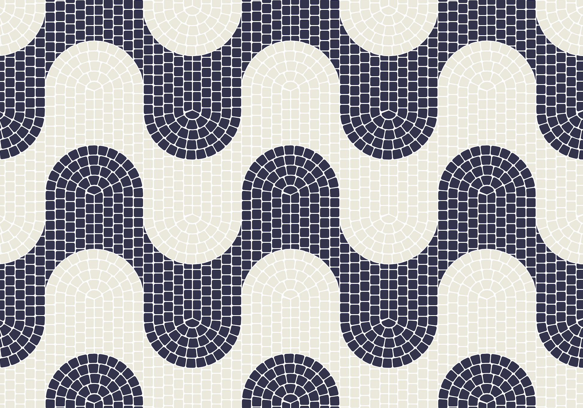 Pattern of blue and white curved tiles on a white background