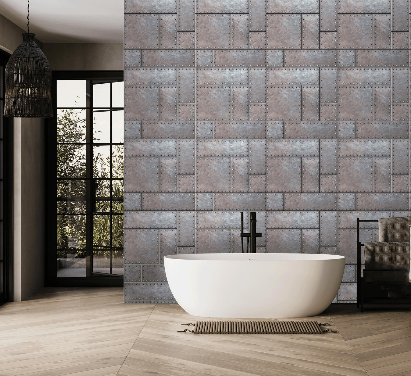 Modern bathroom with a freestanding bathtub against a patterned tile wall.