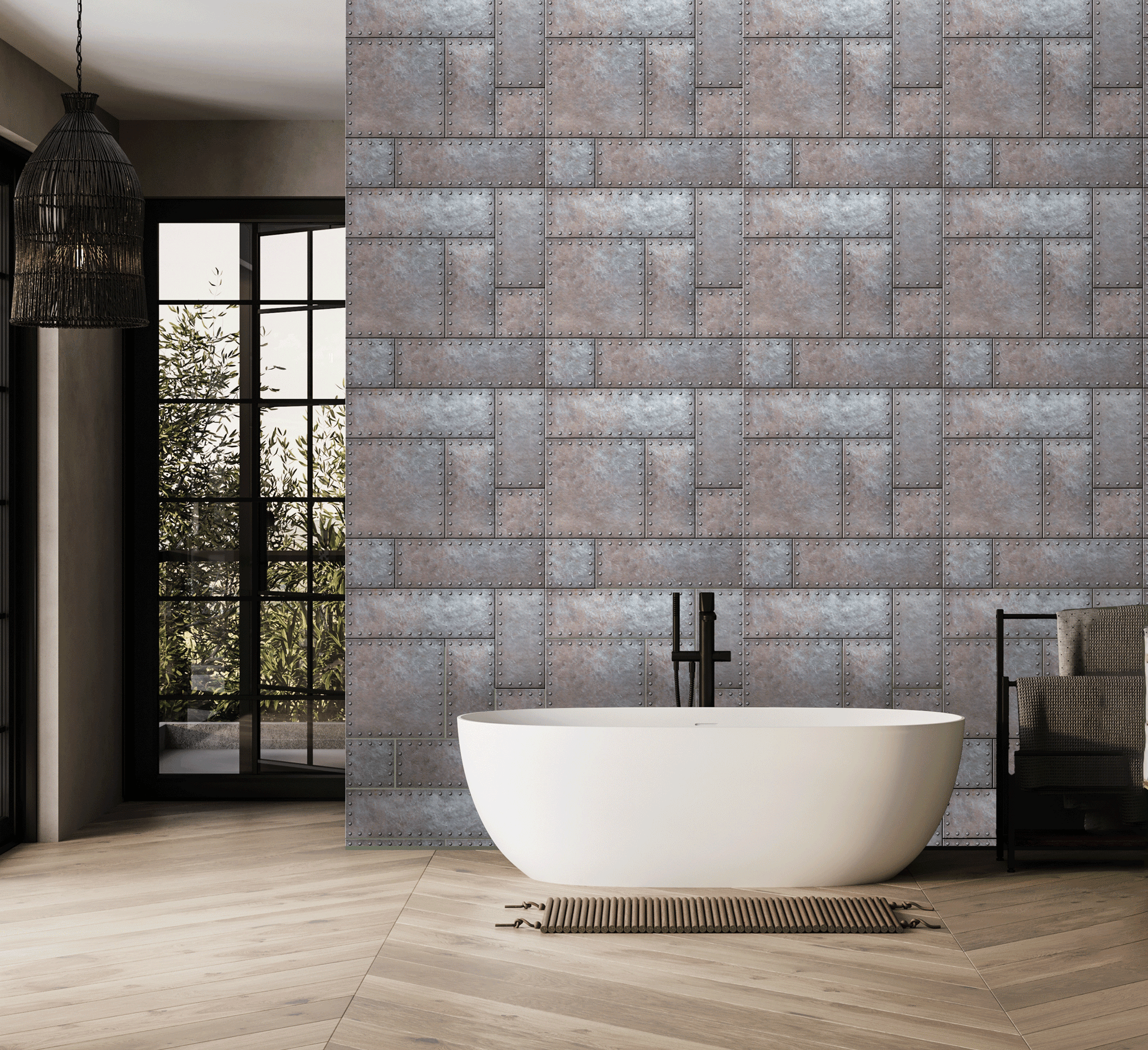 Modern bathroom with a freestanding bathtub against a patterned tile wall.