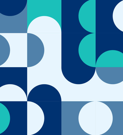 Geometric pattern with blue, green, and white shapes on a blue background