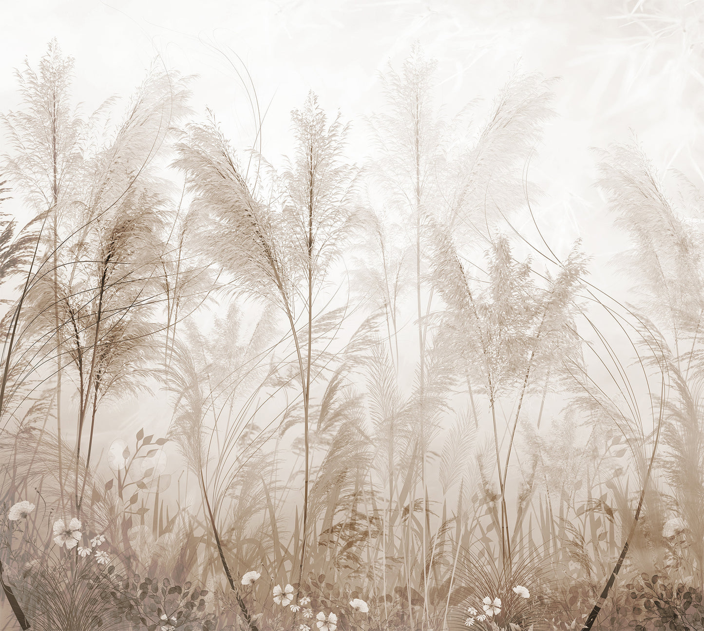 Foggy landscape with tall grass and trees