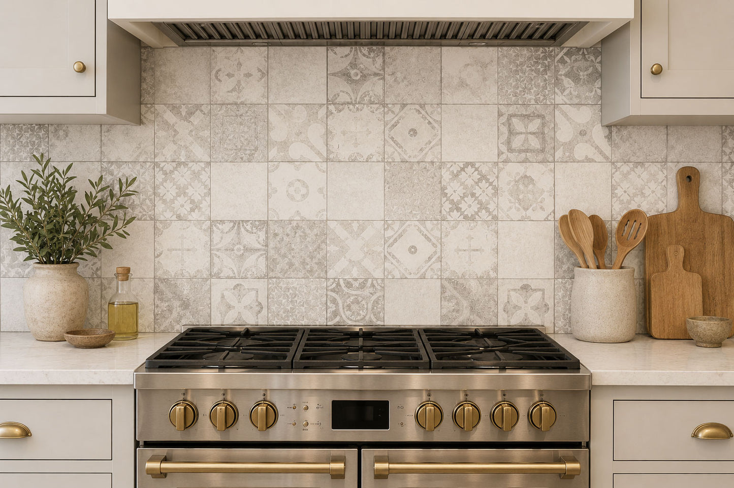 Modern kitchen with a stainless steel stove against a patterned tile backsplash.
