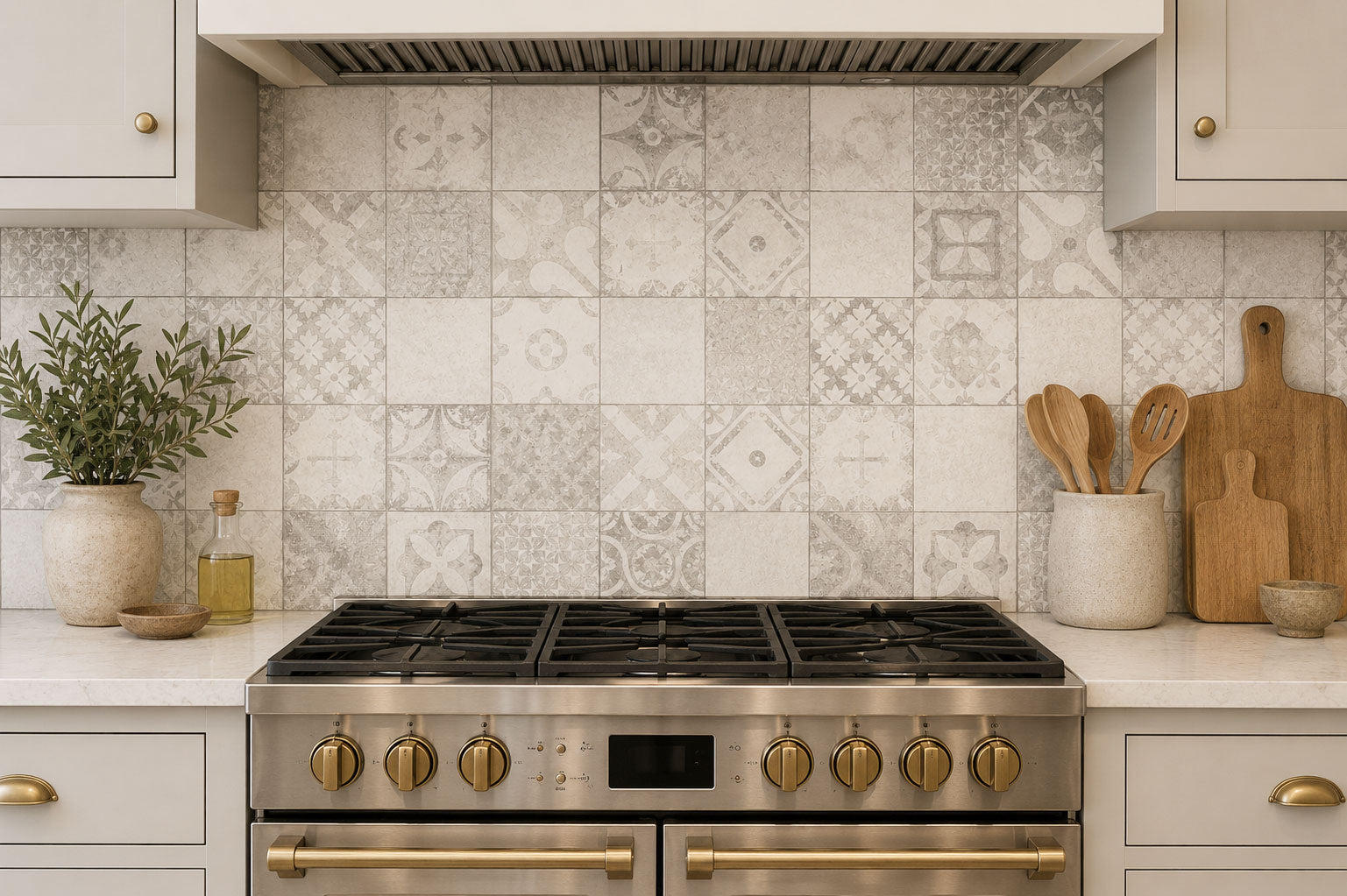 Modern kitchen with a stainless steel stove against a patterned tile backsplash.