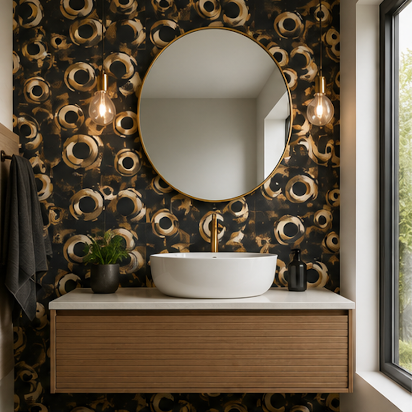 Bathroom with decorative wall pattern, round mirror, and sink.