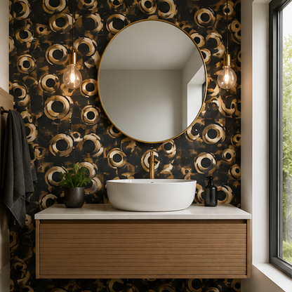 Bathroom with decorative wall pattern, round mirror, and sink.