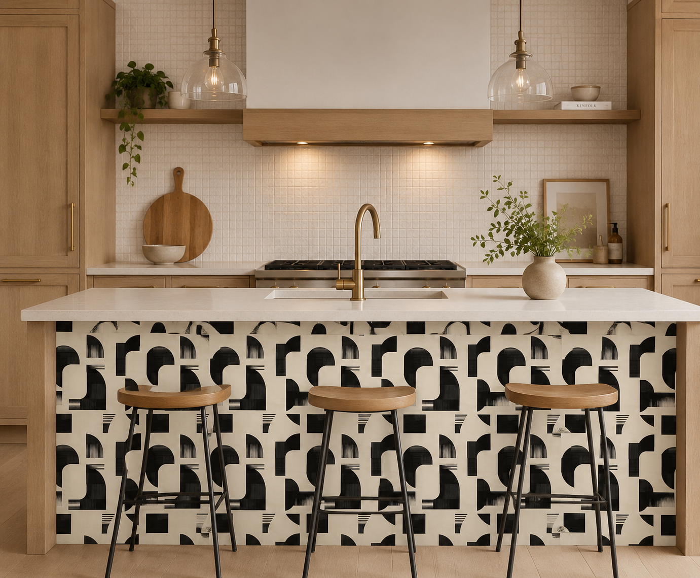 Modern kitchen with geometric patterned backsplash, wooden stools, and white countertops.