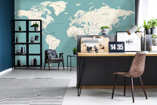 Teal World Map Mural